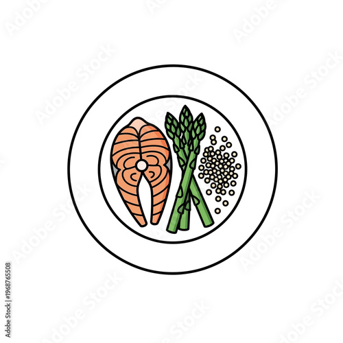 Healthy Salmon Steak with Asparagus and Grains on a Plate - Flat Illustration