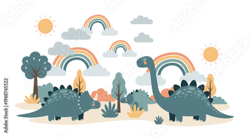 Colorful illustration of a dinosaur family including a triceratops and brachiosaurus in a landscape with rainbows and trees.