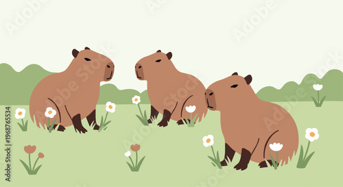 Peaceful illustration of three capybaras sitting in a green grassy field with small white flowers and rolling hills.