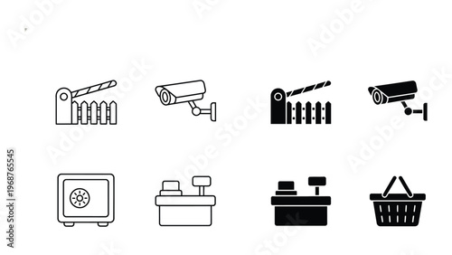 A collection of black and white security icons on a clean white background