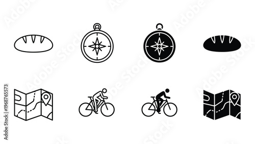A set of navigation icons including compasses and maps for travel