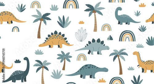 Seamless vector pattern of cute dinosaurs like diplodocus and stegosaurus in a tropical setting with palm trees and boho rainbows.