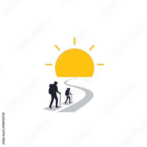 Hikers on a path towards the sun, symbolizing journey, adventure, and optimism.