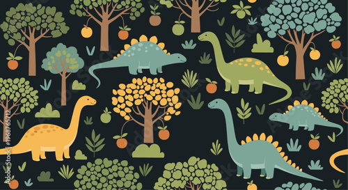 Dark seamless pattern featuring various types of colorful dinosaurs wandering through a lush forest filled with trees and fruit.