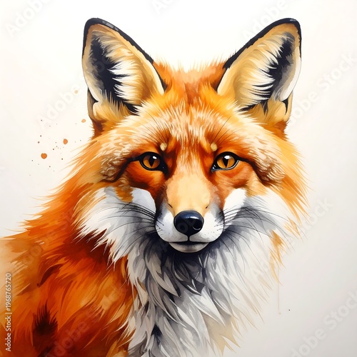 A vibrant, watercolor-style portrait showcasing a red fox with bright orange fur and intense, amber-colored eyes, facing the viewer