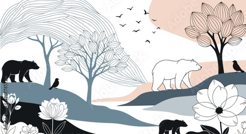 Artistic landscape illustration with silhouettes of bears and birds among stylized trees and large white flowers in a modern flat style.