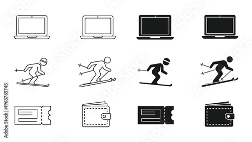 A collection of black and white icons for technology, sports, and finance