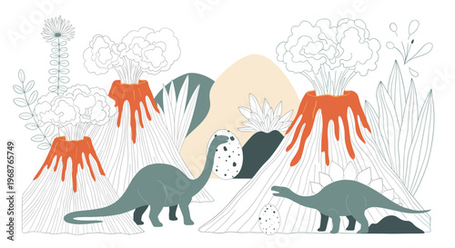 Prehistoric landscape scene featuring volcanoes with orange lava large green leaves dinosaur eggs and two long necked dinosaurs.