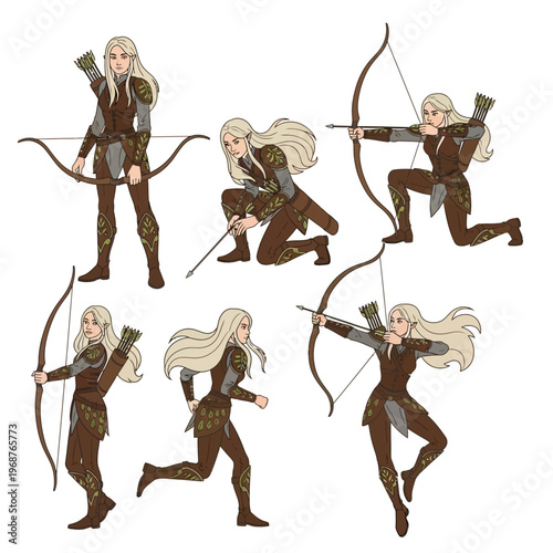 Elf Archer Character Poses Set - Fantasy Warrior Woman with Bow and Arrow