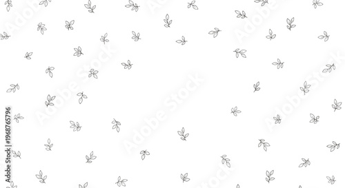 Minimalist background with tiny black and white hand drawn leaf sprigs scattered randomly across a clean white surface.