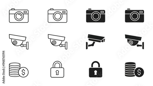 A collection of security and photography icons on a white background