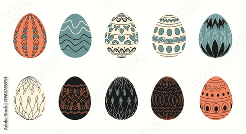 Collection of ten uniquely decorated Easter eggs with various intricate patterns and vibrant colors for holiday celebrations.