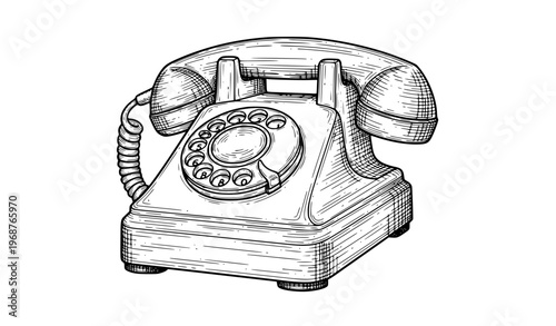Retro rotary telephone hand drawn engraved sketch vector illustration