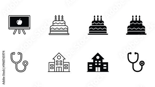 A set of black and white icons for education, healthcare, and celebration
