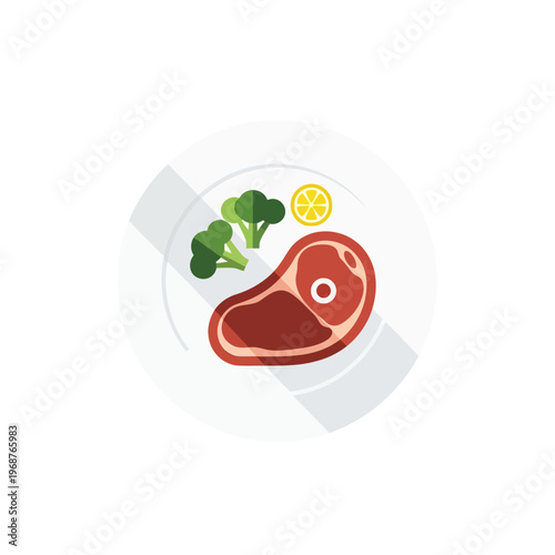 Raw Beef Steak with Broccoli and Lemon Slice on Plate, Flat Design