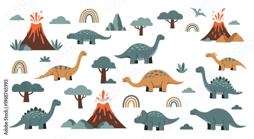 Adorable collection of cute cartoon dinosaurs volcanoes trees and rainbows on a clean white background for kids room decor.