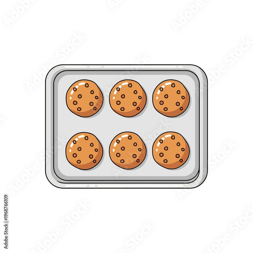 Six Chocolate Chip Cookies on Baking Sheet, Overhead View, Flat Design Style