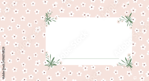 Lovely pink background covered with small white flowers featuring a central white rectangular frame with floral corner accents.