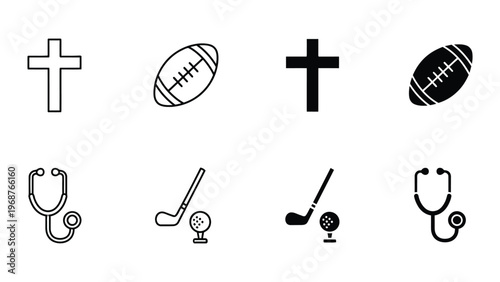 A collection of black and white icons representing various themes and professions