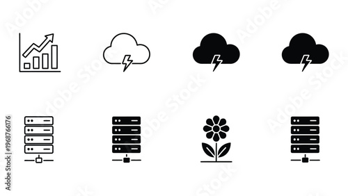A collection of black and white icons representing business and technology
