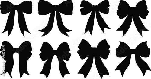 Collection of eight black bow silhouettes on white background