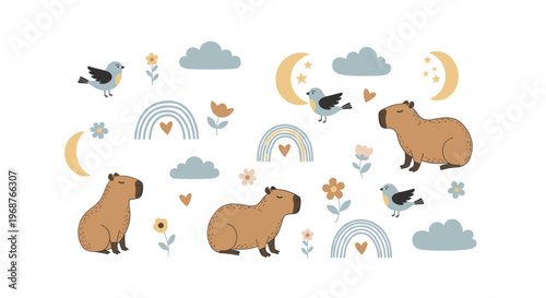Cute collection of capybaras small birds rainbows clouds and crescent moons on a white background for nursery room decorations.