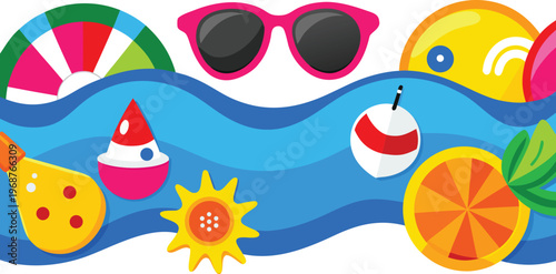 Colorful summer beach objects and symbols including sunglasses fruit and water toys on white background  summer fun and vacation concept