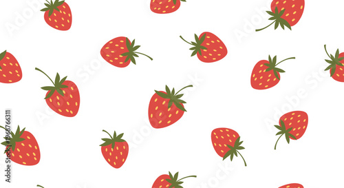 Sweet seamless pattern of scattered red strawberries with green stems on a clean white background for kitchen or fabric decor.