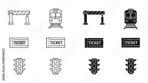 A collection of transportation icons including trains and traffic lights