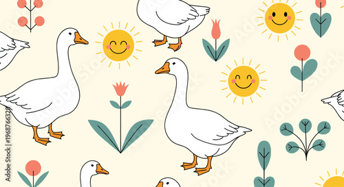 Cheerful illustration of white geese smiling suns and pink flowers on a light yellow background for a friendly design.