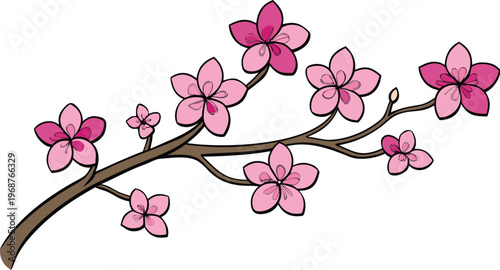 Cartoon pink cherry blossoms on brown tree branch isolated on transparent background