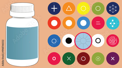 Medicine bottle with colorful icons on peach background  various symbols and signs  graphic elements  blue bottle with white cap