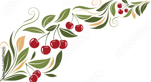 Decorative flourish of a cherry branch with ripe red fruit and green leaves spiraling across a white background in a stylized botanical piece.