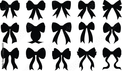 Collection of fifteen black bow silhouettes on white background
