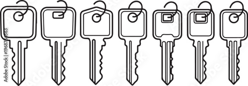 Line drawing of seven different key designs with varied shapes and bows Vector