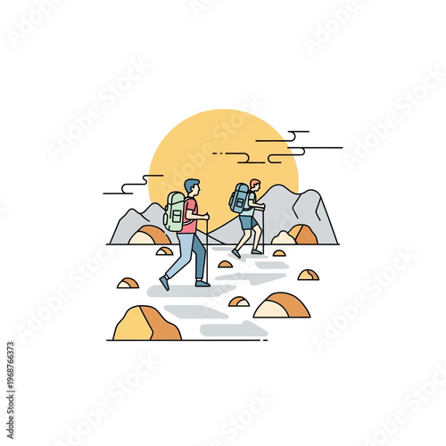 Two hikers with backpacks and trekking poles walking on a mountain path at sunset