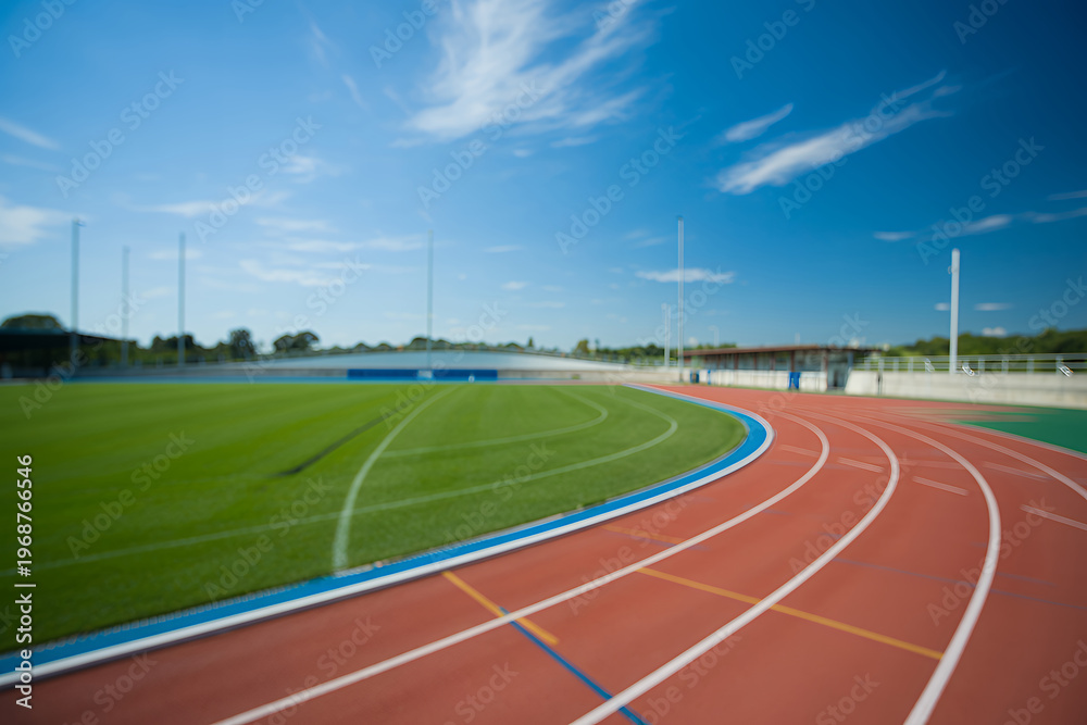 Fototapeta premium Red running track with white lines and green field