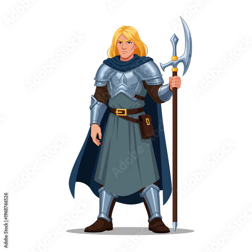 Fantasy Warrior Knight with Halberd, Medieval Armor, Blonde Hair, Blue Cape