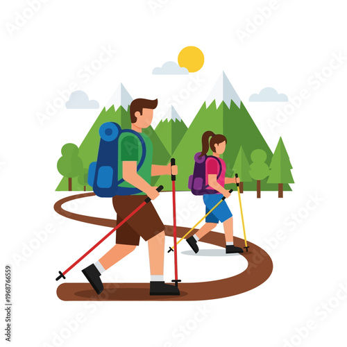 Couple Hiking in Mountains with Backpacks and Trekking Poles