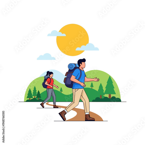 Couple hiking on sunny day through green hills with backpacks