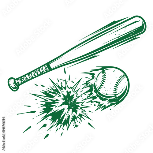 Green baseball bat hitting a baseball with a dynamic motion splash effect and speed lines in a style on a white background