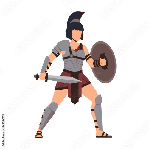 Female Gladiator Warrior Holding Sword and Shield, Ancient Roman Armor, Strong Woman