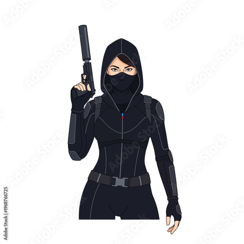 Female Assassin in Black Hooded Suit with Silenced Pistol, Ready for Action