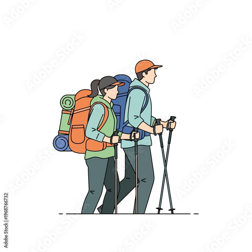 Couple hiking with backpacks and trekking poles, outdoor adventure illustration