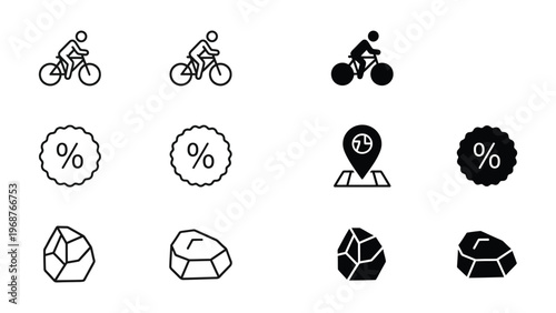 A set of black and white icons featuring bicycles, percentages, and gemstones