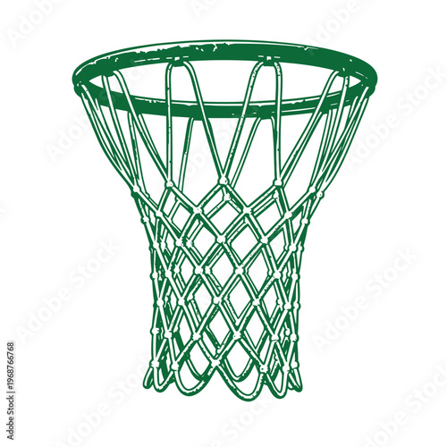 Green basketball hoop rim and knotted nylon mesh net isolated on a white background in a hand drawn style for sports