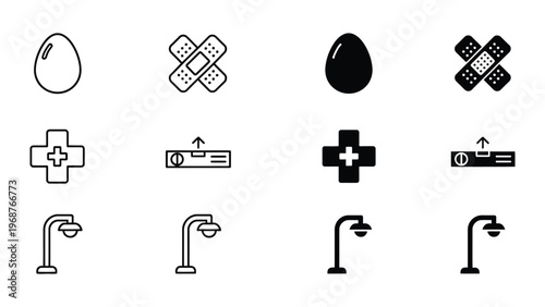 A set of medical icons including band aids and crosses