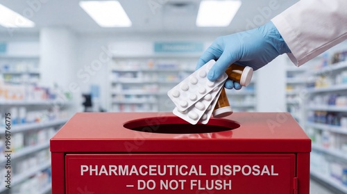 Secured medical waste receptacle in a clinical photography style in red and white colors representing responsible pharmaceutical disposal with copy space