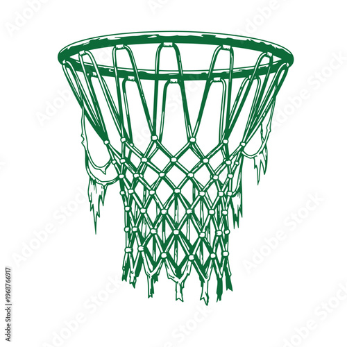 Green basketball hoop with a woven mesh net illustrated in a hand drawn style isolated on a white background
