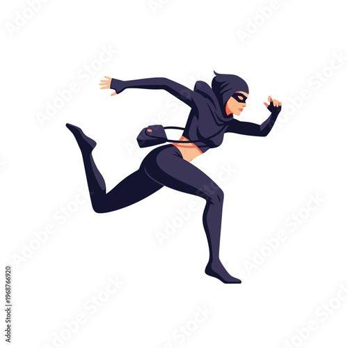 Female Thief Running Fast, Wearing Black Hooded Costume and Mask, Carrying Small Bag